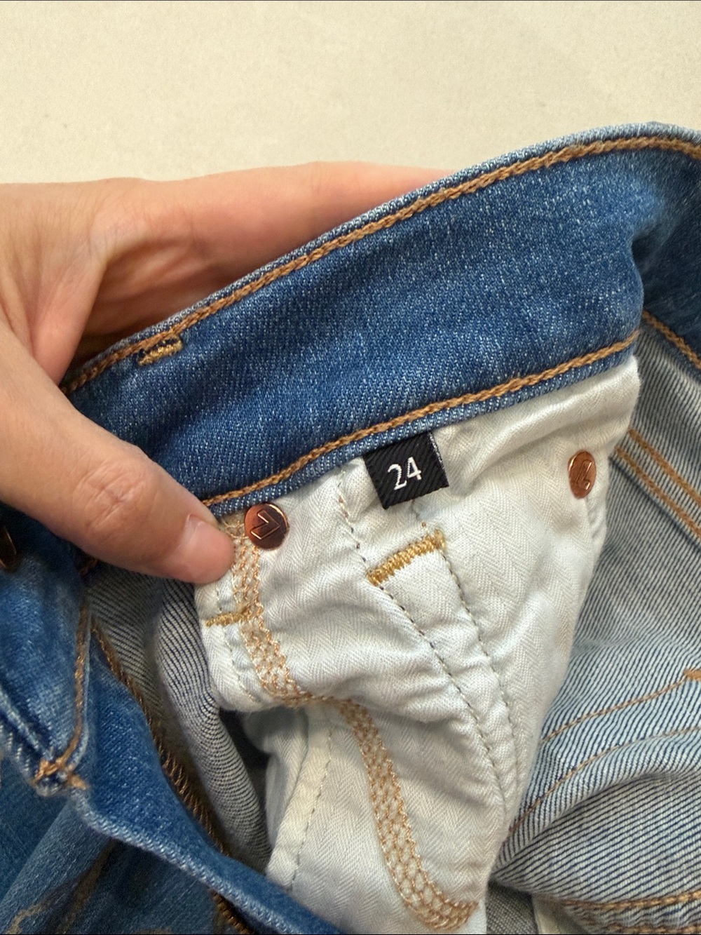 7 For All Mankind Blue Skinny Jeans with Metallic Floral Overlay - Picture 4 of 6